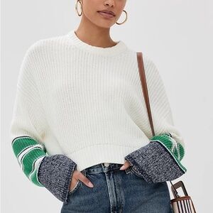 STAUD Cliff White Cropped Knit Sweater with Green & Navy Sleeve Accents